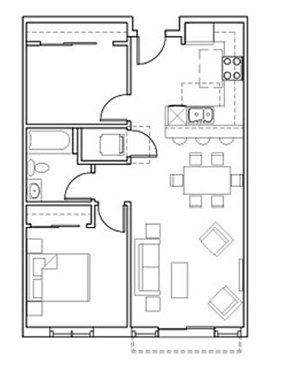 Floor plan for 1 bed, 1 bath, 857 sqft